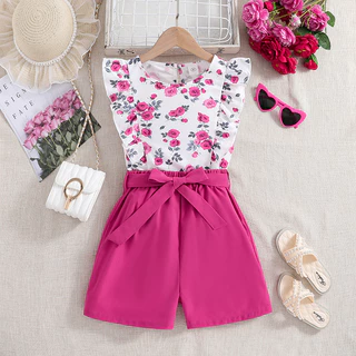 Fato de Verão para Meninas de 8-12 anos de idade Rose Sweet Style Print Sleeveless Top & Rose Red Shorts Summer Children Suit