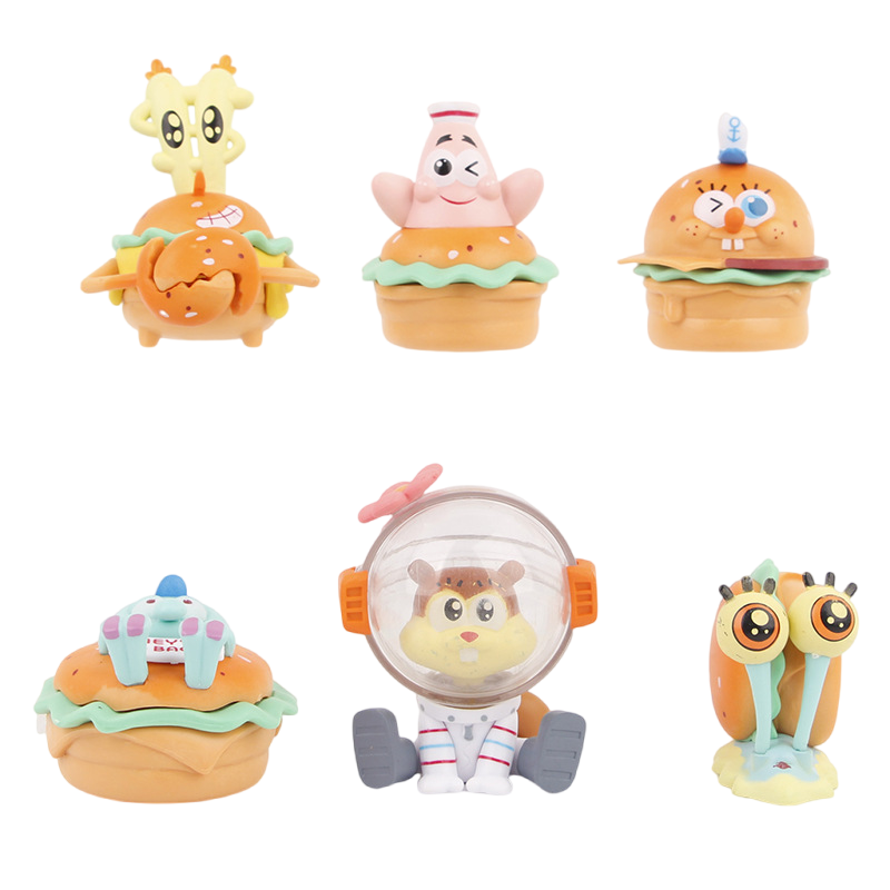 6pcs 8CM Delicioso Krabby Patty SpongeBob SquarePants Squidward Tentáculos Patrick Star Hand Modelo Bolo De Peixe Decoração De