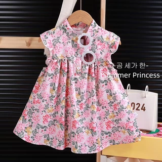 Meninas vestido Floral A linha bainha estilo ocidental bonito vestido de princesa crianças saia fofa vestido de verão mé