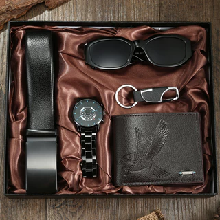 Um conjunto masculino de 5 peças clássico All-Match relógio-relógio de quartzo, chaveiro, cinto, óculos de sol, carteira presente Casual de negócios perfeito