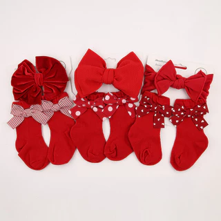 Conjunto De Meias Com Faixa Para Cabeça Laço Bebês Meninas , Acessórios Cabelo De Nylon Padrão De Ponto Vermelho