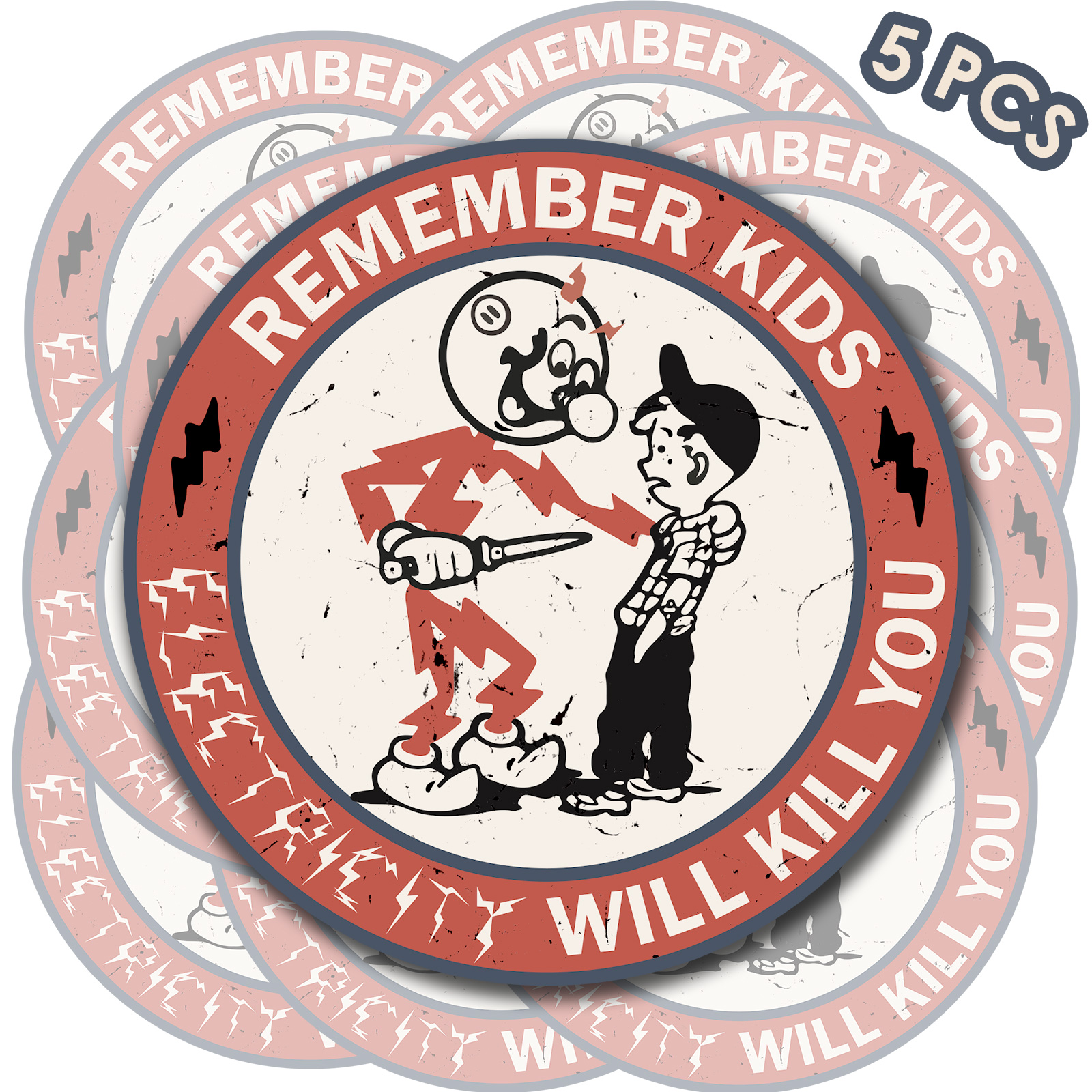 5pcs Lembre-Se De Que A Eletricidade Das Crianças Mata Você Adesivos Para Adultos , Caixa De Chapéu , Carro , Rígido , Laptop , Capacete De Motocicleta , Guitarra , De Advertência , Adesivo Engraçado