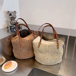 Bolsa de ombro francesa de palha de grande capacidade à beira-mar