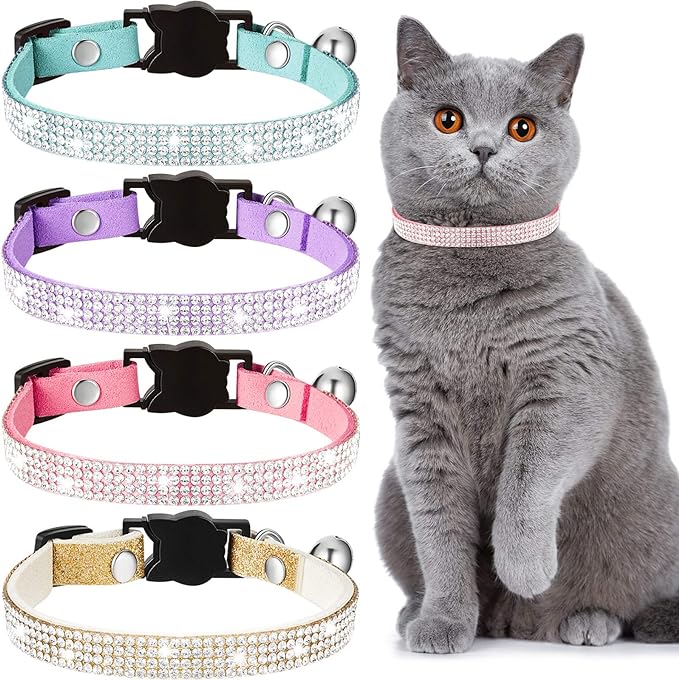 Elegante Coleira De Gato Rhinestone Cintilante Com Sino , Fivela De Liberação De Segurança-Macia , Ajustável Para Raças Pequenas