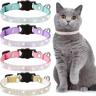 Elegante Coleira De Gato Rhinestone Cintilante Com Sino , Fivela De Liberação De Segurança-Macia , Ajustável Para Raças Pequenas
