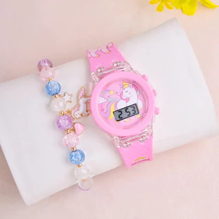 2pcs/set girls new rainbow unicorn silicone Relógio Eletrônico Com Pulseira Contas