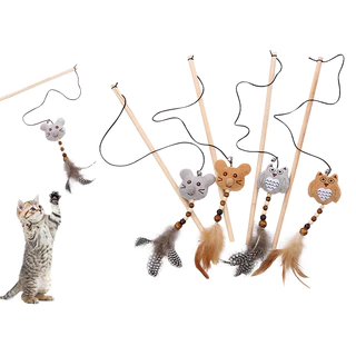 Rato Coruja de Pelúcia com Pena de Madeira Pólo de Pena Brinquedo de Gato de Pena