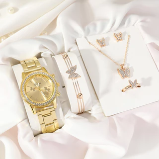 Conjunto De Relógios Explosivos Femininos De 5pcs/set De Moda Estilo ins Pulseira De Aço Simples + Bracelete