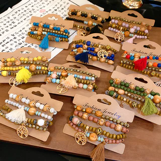 DREJEW Pulseiras Com Contas De Sândalo Multicamadas Estilo Boêmio , Étnico retro , Temperamento Leve De Luxo , Acessórios De Mão high-end Para Mulheres