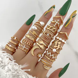 Novo Estilo de Cruzamento de Olhos de Diamante Olhos de Diamante Sun Moon Leaf Ring Aberto Multi-Joint Retro Ring 23-Piece Set