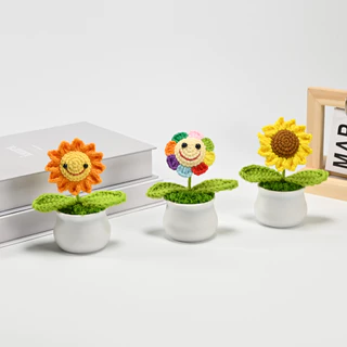 Planta De Tecido Artificial Em Vaso De 1 Peça , Crochê Feito À Mão Com Cara Sorridente Bonsai , Decoração De Mesa Fofa Para Escritório E Casa , Presente De Malha Manual Mulher/Irmã/Mãe/Amigo/Colega