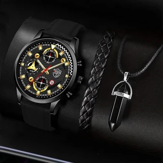 Conjunto 3PCS Moda Pulseira Esportiva Masculina De Quartzo Relógio Clássico Casual Masculino De Couro