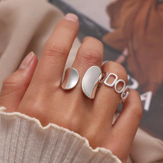 2pcs Novo Estilo S925 Silver Retro Retro Exclusivo Anel Geométrico de Moda Oco Abertura Ajustável Jóias
