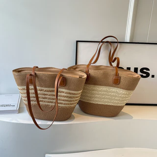 Saco de palha de grande capacidade Saco simples de listras Tecido Novo Estilo Moda Casual Saco de praia Saco de férias à beira-mar