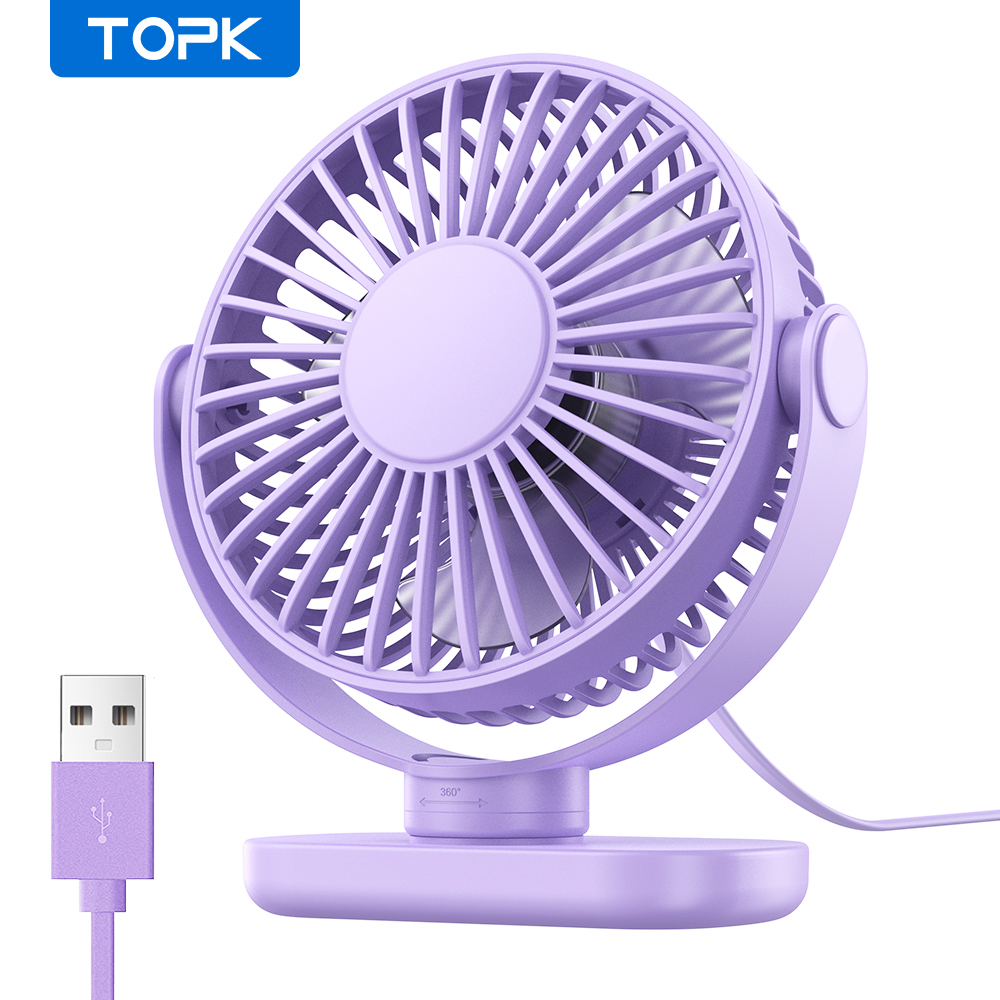 TOPK USB Ventilador De Mesa Pequeno [Power] Mini Portátil 3 Velocidades Silencioso 360 ° De Ajuste Rotativo Para Quarto De Escritório Em Casa