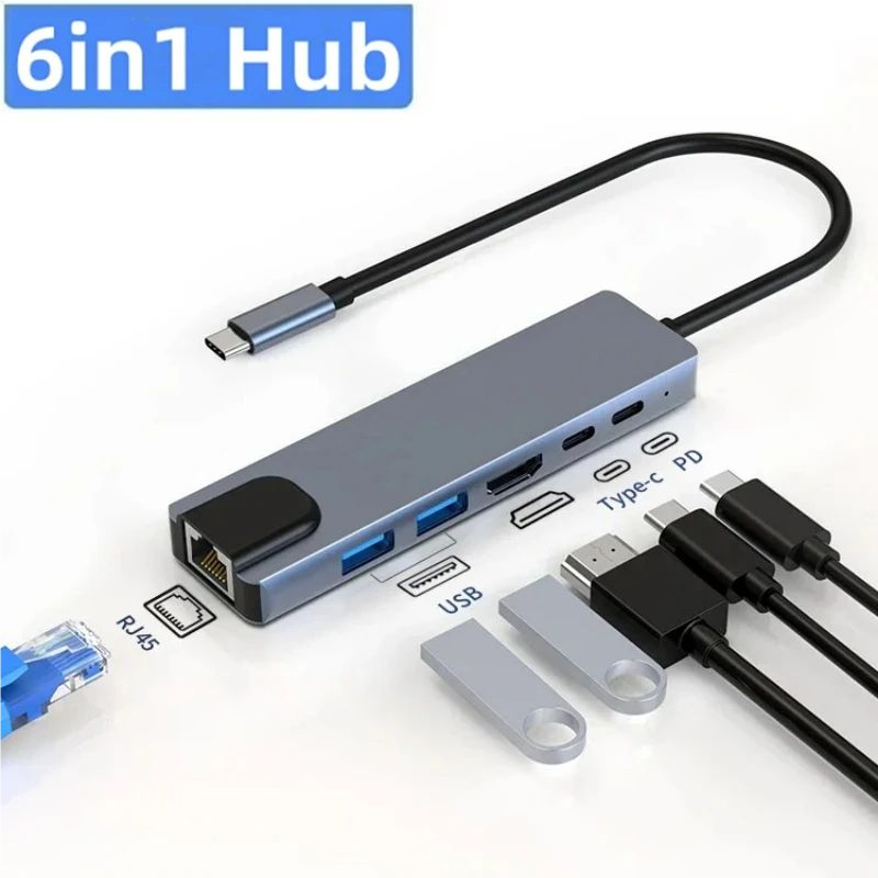 Adaptador USB Hdmi RJ45 De hub Tipo C 6 Em 1 Adequado Para laptops E ...