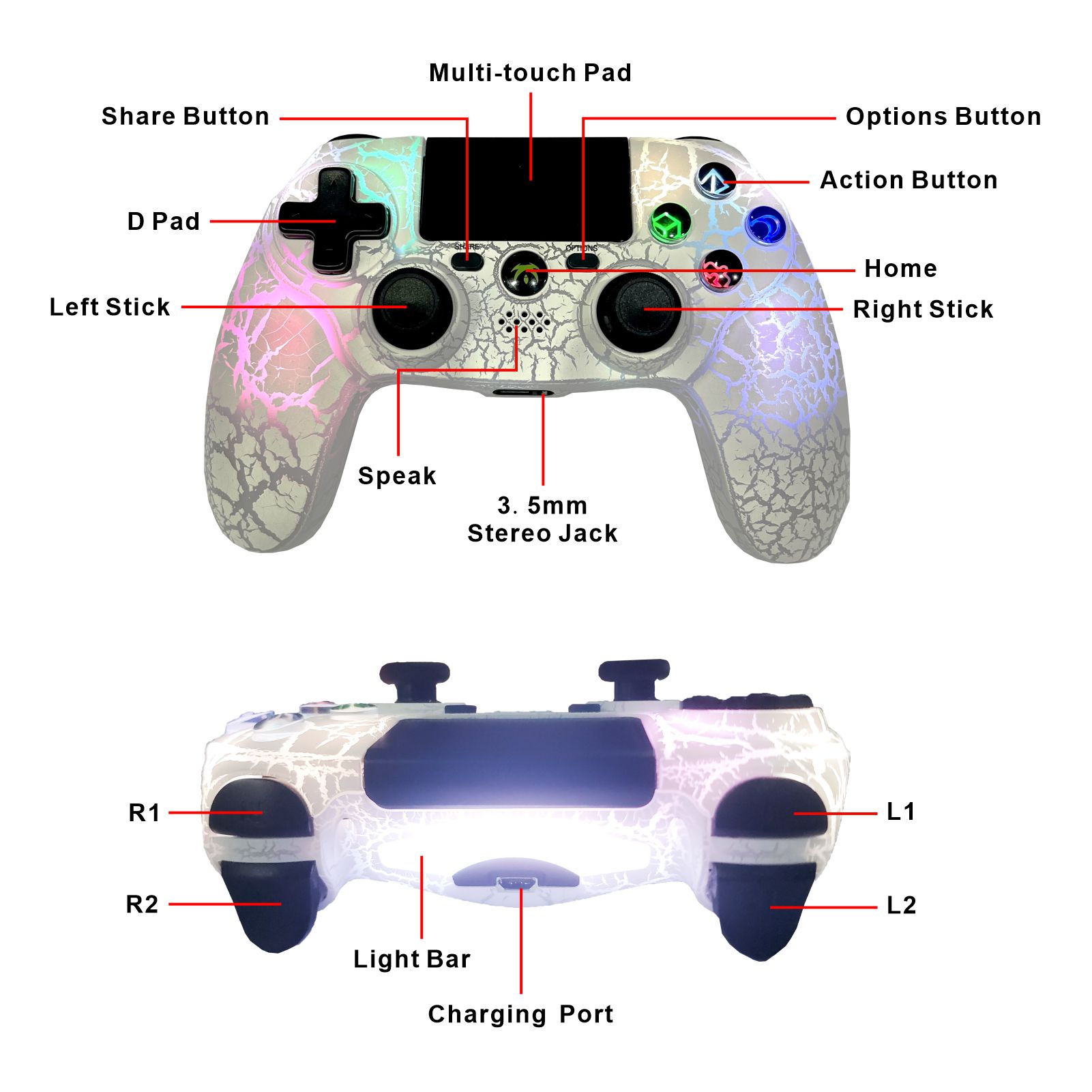 Controlador Sem Fio Para PS4 , Gamepad Remoto Com Design Exclusivo De Jogo Rachado Amplamente Compatível PS4/PC/iOS