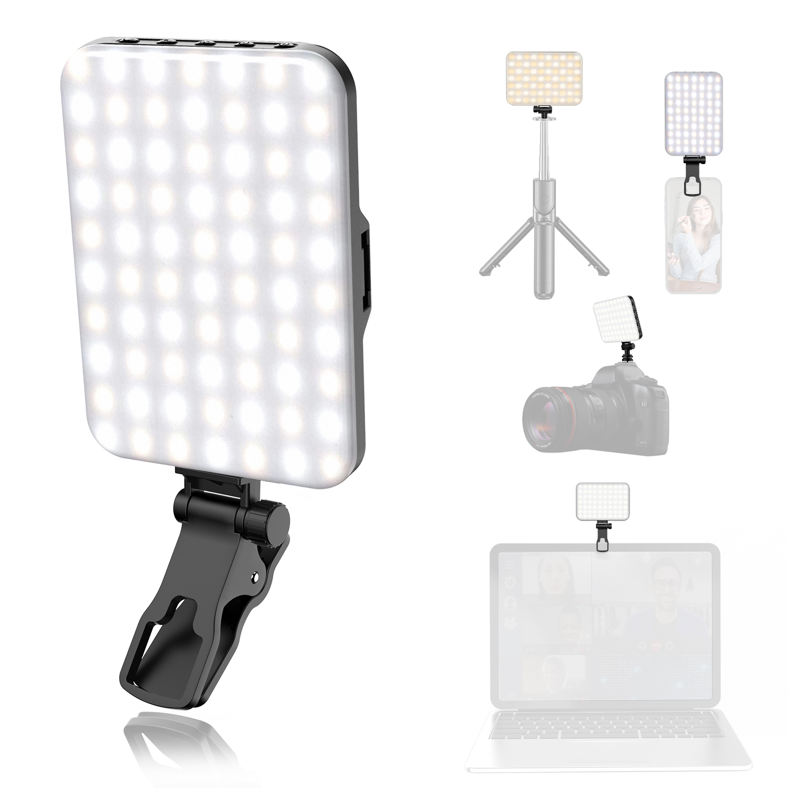 60 Led Selfie Light Clip portátil para luz de preenchimento de telefone recarregável 2200Mah Clip On Light, Cri 97+, 3 modos de luz Iluminação de câmera para telefone,, Webcam,, Foto, Maquiagem