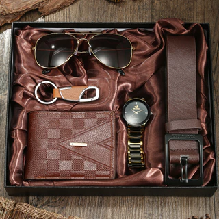 Relógio Homem 5-Piece Watch-Quartz Movement, Chaveiro, Cinto, Óculos de sol, Carteira Presente de Festa Casual de Negócios Perfeito