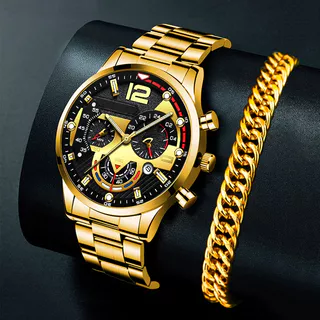 Masculino Local tirano ouro elegante relógio masculino pulseira de ouro aço inoxidável quartzo calendário relógio mascul