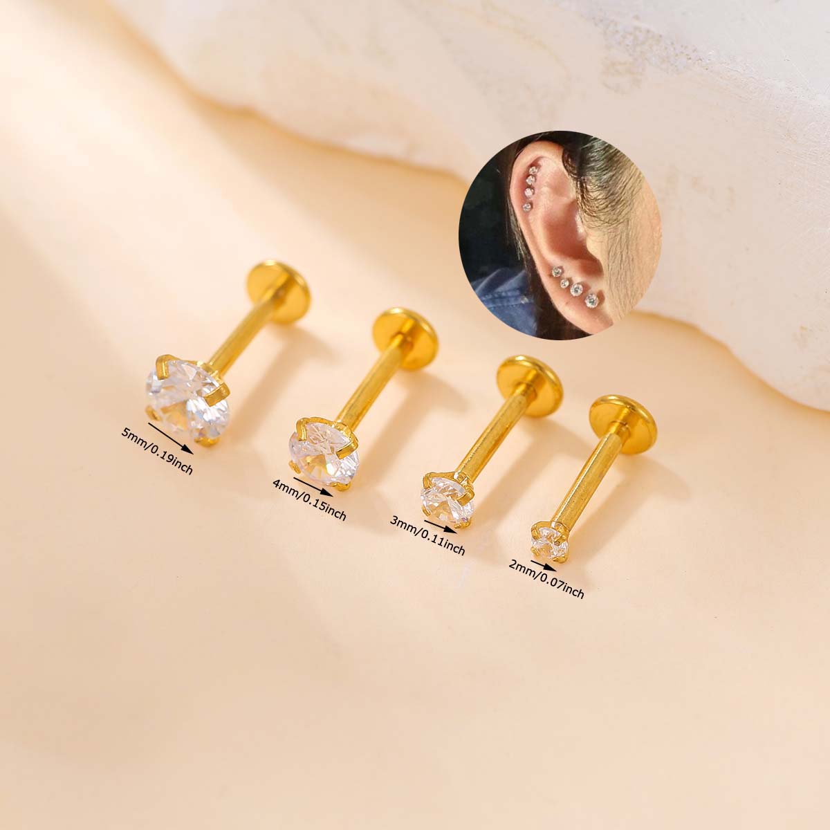 1 Peça Fashion Cube Zirconia 4 Agarra Ouro Aço Inoxidável 8mm Haste Longa Pinos Labiais de Cabeça Chata Pinos Labiais de Orelha Pinos de Ossos Jóias de Perfuração Corporal Adequadas para o Uso Diário Feminino