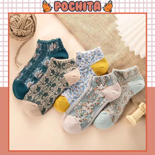 Meias femininas de cano baixo, meias com padrão Floral em relevo, estilo retrô clássico, elástico macio primavera verão