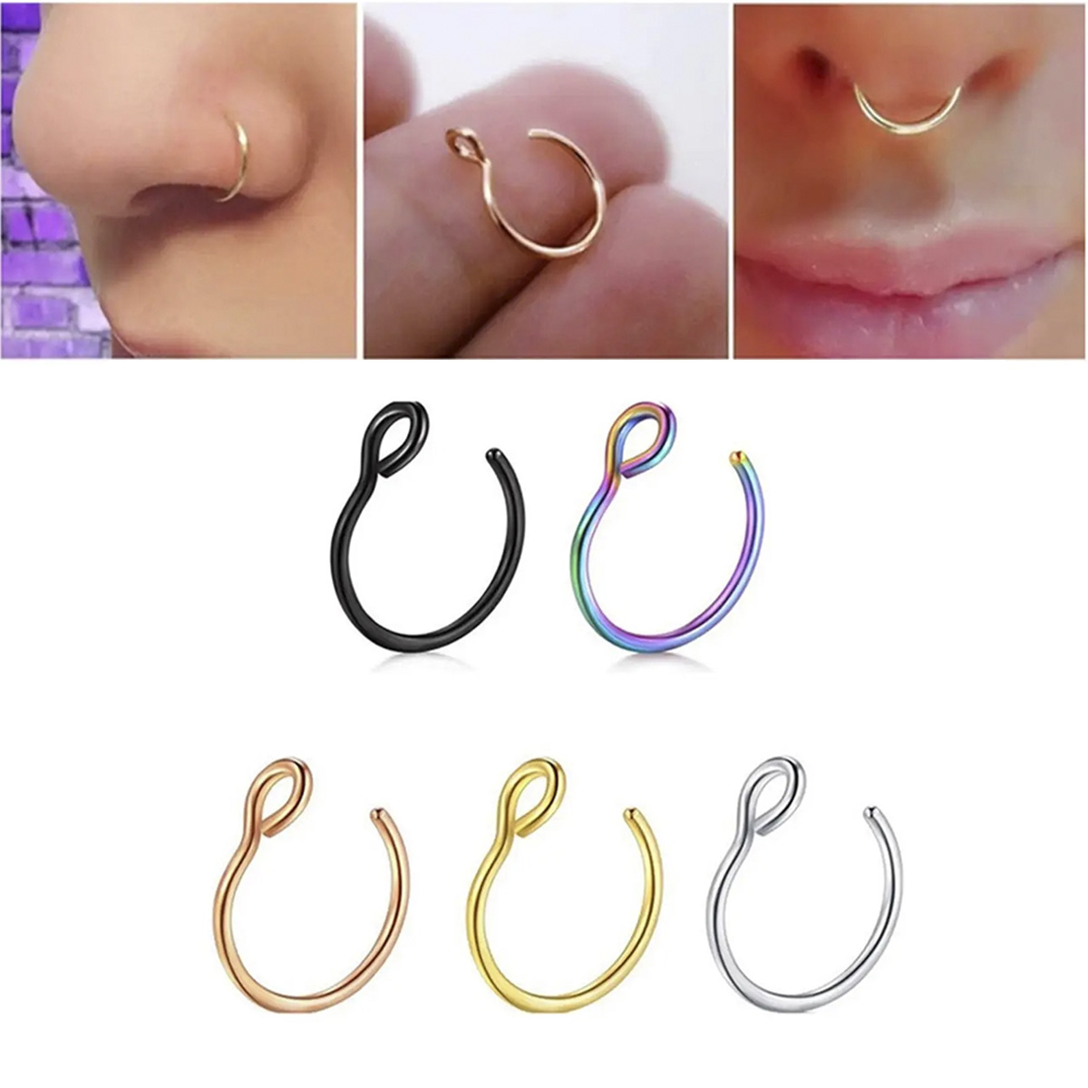1Pc/5Pc Colorfast Horseshoe Fake Nose Ring Anel De Nariz Falso Não Perfurantes Septo Lábio