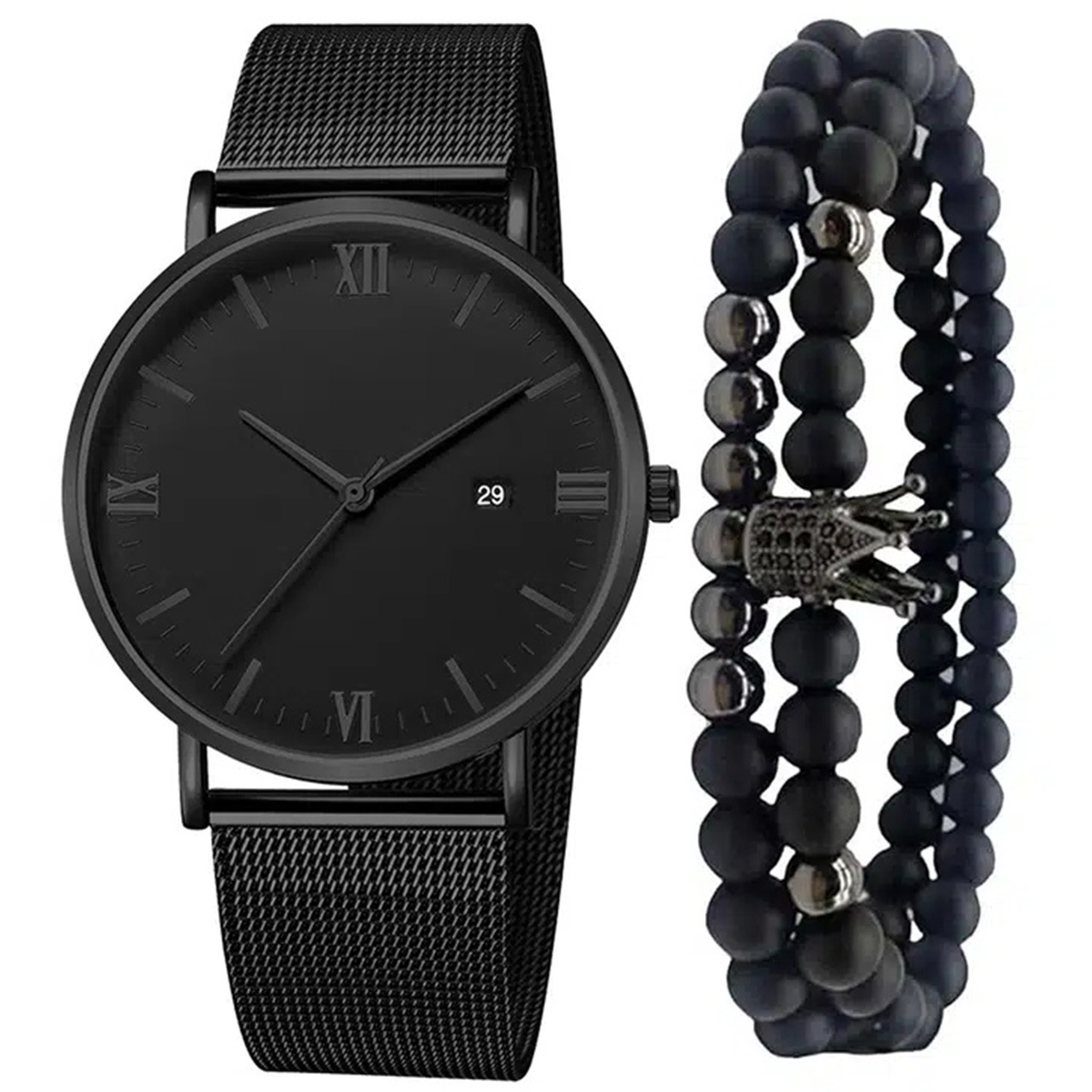 Novo Estilo Moda Moda Venda a Quente Negócios Casual Light Luxo Calendário Simples Cinto de Malha Relógio Masculino Pulseira Conjunto de Pulseiras de Férias para Amigos