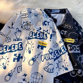 Planeta Cósmico Imprimir Camisa Manga Curta De Casal Solto Homens E Mulheres Ins Versátil Vintage Meia Blusa Ovni