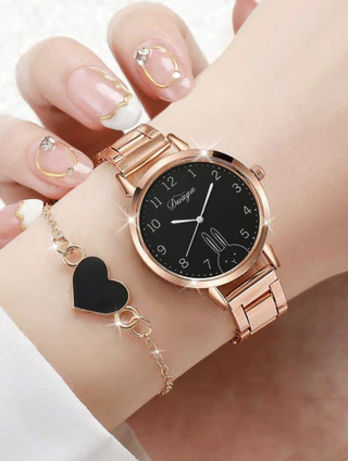 Uma Pulseira de Liga de Coração de Coelho Fashionable All-Match Discagem de Faixa de Aço Relógio de Quartzo +A Love Heart Alloy Bracelet