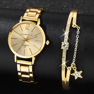 Nova Venda Quente Moda Moda Moda Luxo Leve Faixa de Aço Dourado Simples Faixa de Aço Dourado Relógio para Senhoras e Pulseira Estrela Conjunto de Férias