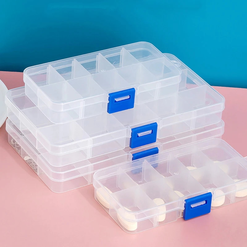 1pc Transparente 15/10 Grade Caixas De Jóias Plásticas Ajustáveis Organizador De Artesanato Contas De Armazenamento Caixa De Medicamentos Para Embalagem