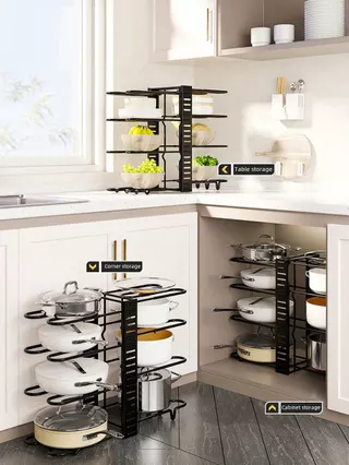1 Conjunto De Panelas E Frigideiras De 8 Camadas Pretas , Porta-Potes Organizador De Tampas Ajustável Para Sob Armário Organização Armazenamento De Cozinha