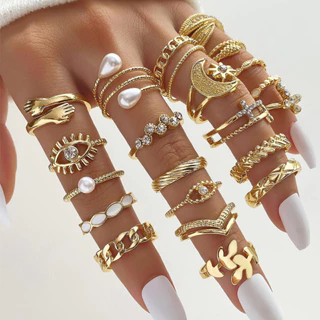 Conjunto de 23 peças Imitação Fashionable Pearl Design Rhinestone Cross Demon Eye Geometric Ring