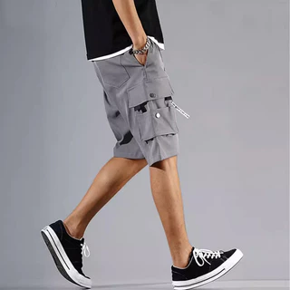 Summer Ice Silk Multi-pocket Shorts de seda de bolso solto Calças casuais confortáveis de cinco pontos Homens Mulheres podem usar cinza