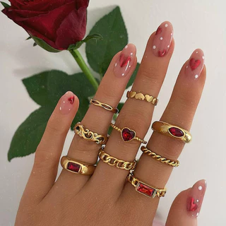 Novo Estilo de Moda Transfronteiriço Imitação de Amor Anel Rubi Anel Simples de Metal Oco Conjunto de 9 peças