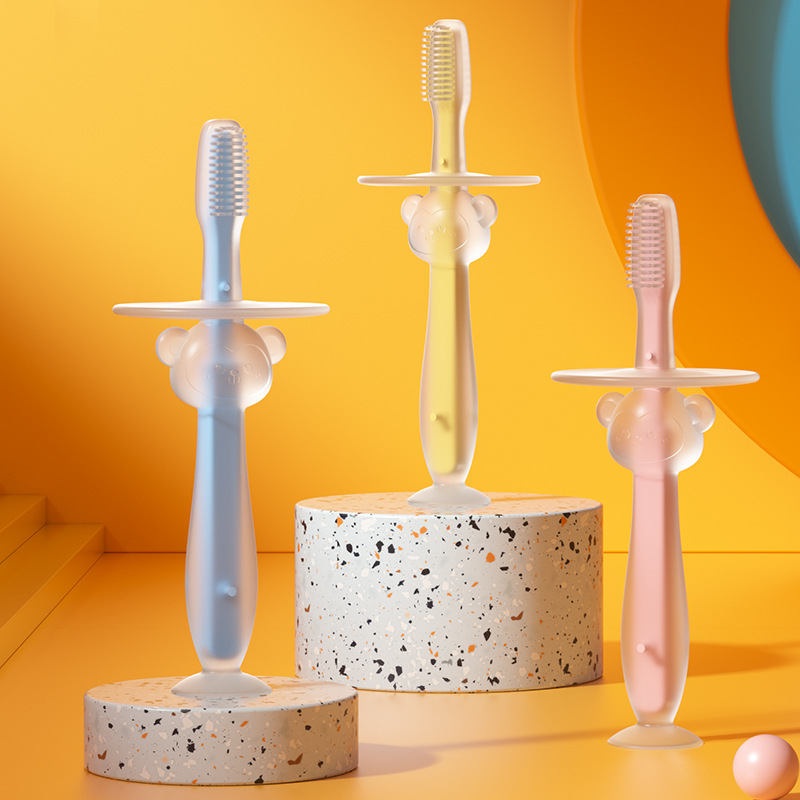1 Pacote Escova de Dente de Leite Tridimensional de Silicone para Treinamento de Bebês Escova de Dente de Leite Tridimensional Escova de Sucção Standable Escova de Dente Revestimento de Língua de Silicone Escova Macia Cofre