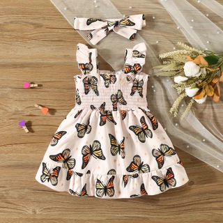 Vestido Para Menina Borboleta Impresso Chiffon Rosa Enviar Faixa De Cabelo Com Arco