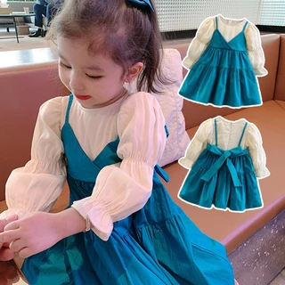 Primavera Outono Manga Comprida Bebê Menina Vestido Falso Duas Peças Cor Bloqueada Moda Crianças Roupas