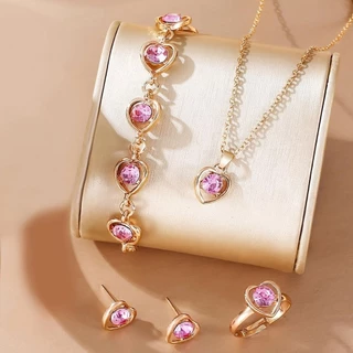 Conjunto de 5 peças de joias femininas conjunto oco brilhante pulseira de zircônia sintética brincos de anel