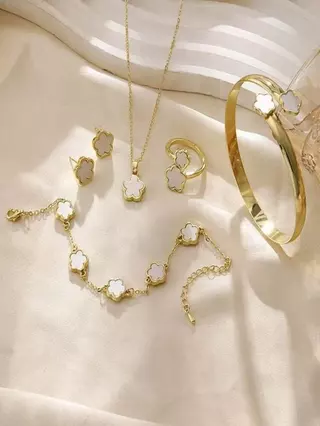5 peça conjunto brilhante sorte flor jóias acrílico pulseira colar anel brincos cinco flor trevo de quatro folhas