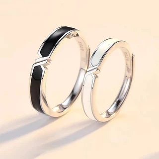 S925 Silver Black Black White Bond Couple Ring Abertura Ajustável Homens Homens Mulheres Fashion Couple Ring Valentine's Day Gift
