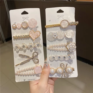 5 /6pc Fashion Exquisite Ladies Hair Clip Set Macaron Pearl Acrílico Metal Rhinestone Hair Clip Lateral Acessórios de Cabelo