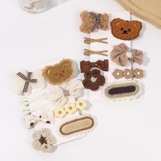 9 Pçs Versão Coreana Bege Café Cor Grampos De Cabelo Conjunto Bonito Urso Flor Franja Lateral Para Meninas