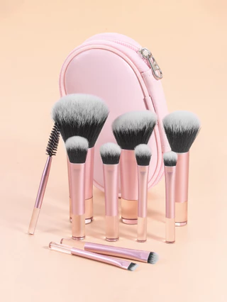 10 Conjunto de Escova de Maquiagem Portátil Pink Short Handle Conjunto de Escova de Maquiagem Portátil com Saco de Armazenamento Inclui Escova Blush Escova em Pó Solto Escova para Sombra dos Olhos Escova para Sobrancelhas Escova para Sobrancelhas