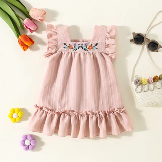 Vestido De Bebê Para Meninas Pescoço Quadrado Bordado Com Flor Rufo Toddler