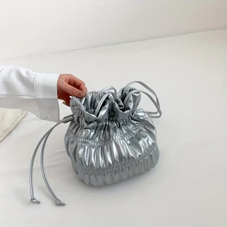 Mini Bolsa Drawstring Bucket Bag , Para O Ombro Com Brilho De Cor Sólida E Feminina Estilo
