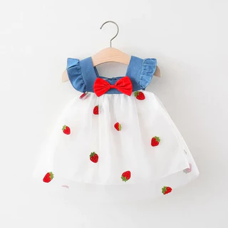 Vestido de Menina Verão Coração Tutu Morango Decoração Princesa Festa de Aniversário