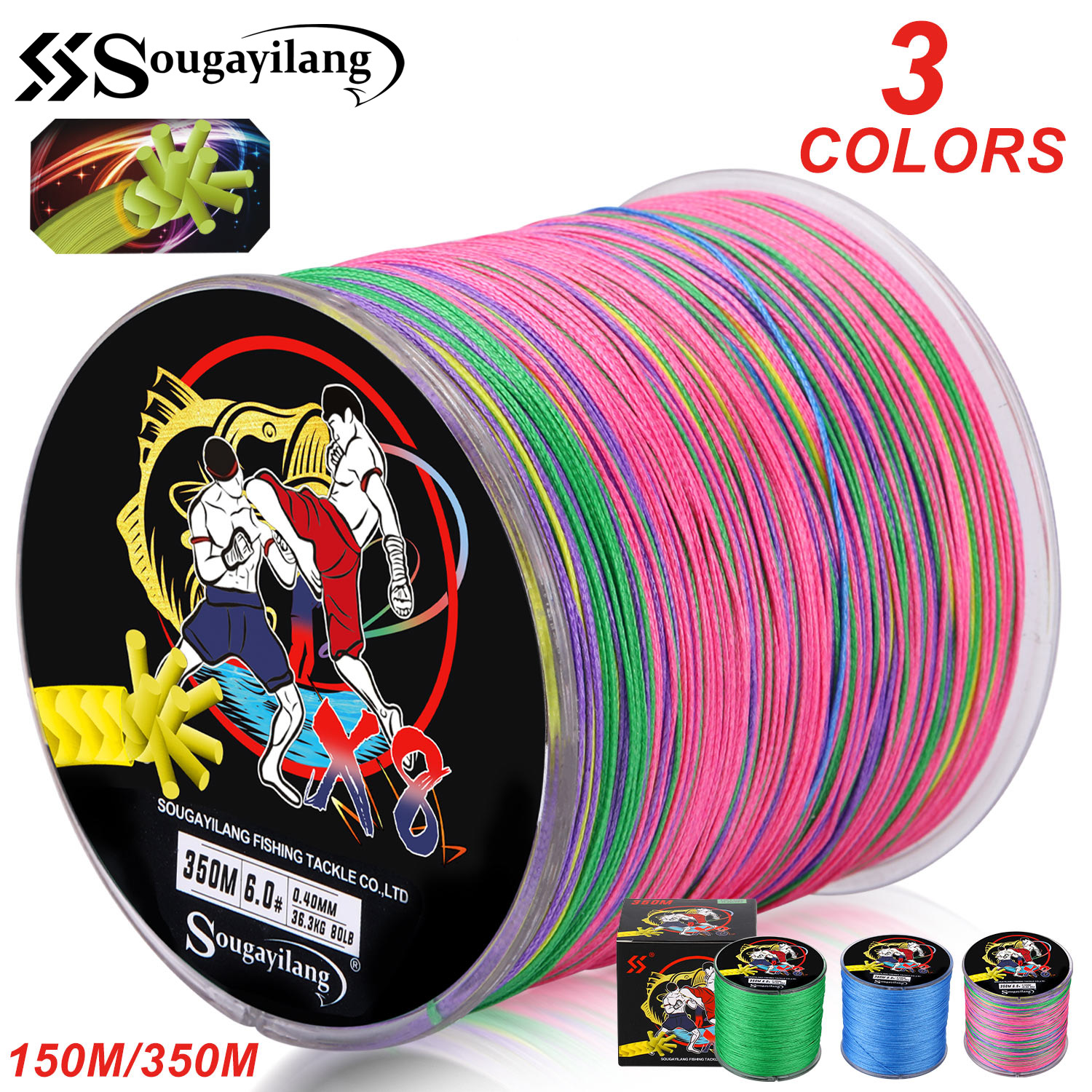 Sougayilang Linha De Pesca 150M-350M 8 Fios PE Trançada Super Forte Tali Pancing 3 Cores 15-80LB