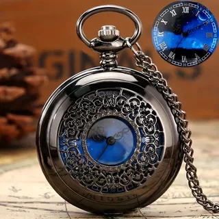 Starry Blue Dial Pendant Bronze Pingente De Oco De Quartzo Relógio De Bolso Numerais Romanos Retro